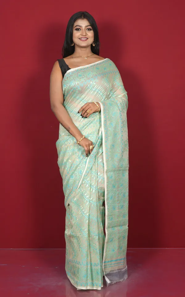 Traditional_Soft_Jamdani_Saree_In_Linen_White_Sea_Green_And_Gold