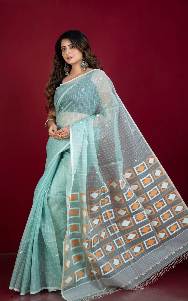Premium_Quality_Woven_Solapuri_Work_Self_Micro_Checks_Muslin_Silk_Saree_In_Ice_Green_Mustard_Golden_And_White