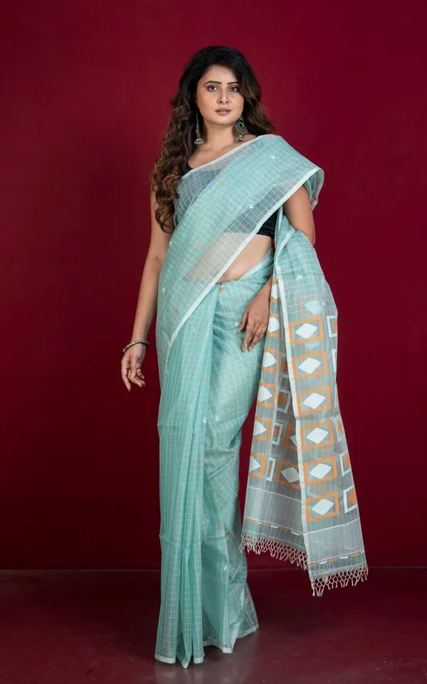 Premium_Quality_Woven_Solapuri_Work_Self_Micro_Checks_Muslin_Silk_Saree_In_Ice_Green_Mustard_Golden_And_White