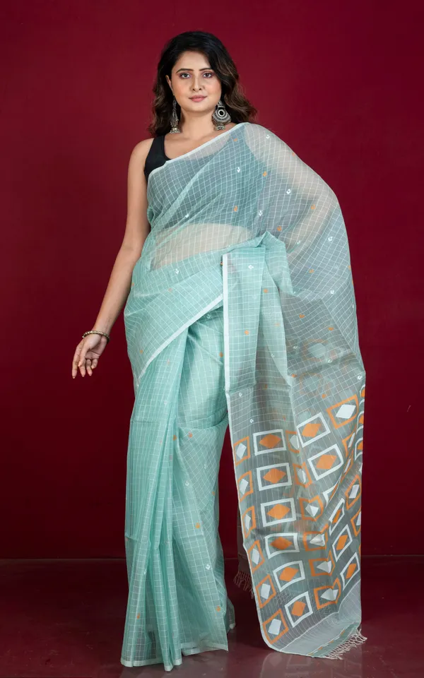 Premium_Quality_Woven_Solapuri_Work_Self_Micro_Checks_Muslin_Silk_Saree_In_Ice_Green_Mustard_Golden_And_White