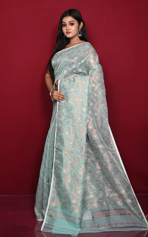 Traditional_Floral_Nakshi_Work_Soft_Brocade_Jamdani_Saree_In_Aqua_Green_And_Off_White_With_Copper_And_Muted_Golden_Zari_Nakshi_Work