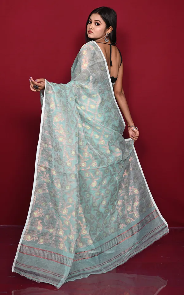 Traditional_Floral_Nakshi_Work_Soft_Brocade_Jamdani_Saree_In_Aqua_Green_And_Off_White_With_Copper_And_Muted_Golden_Zari_Nakshi_Work
