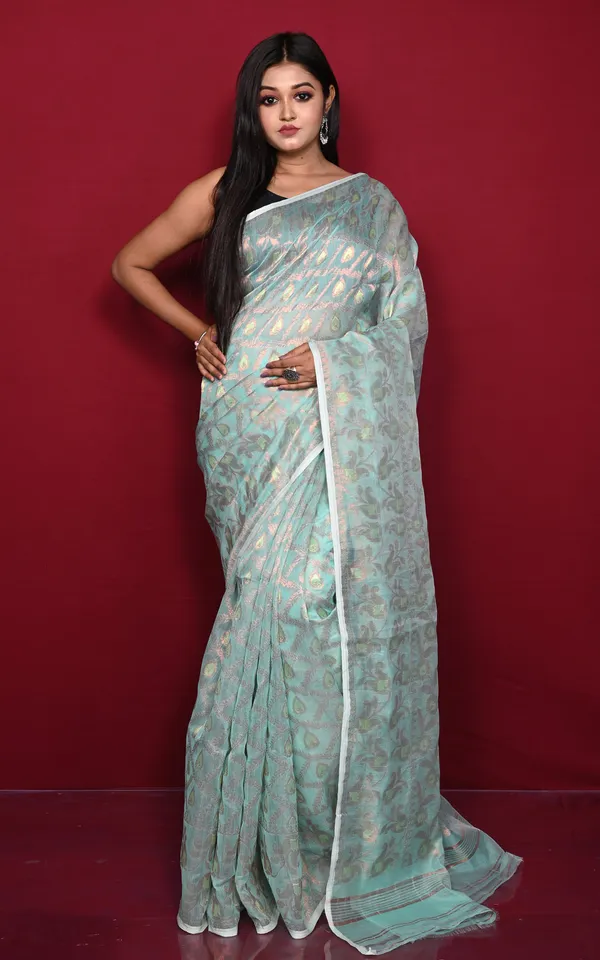 Traditional_Floral_Nakshi_Work_Soft_Brocade_Jamdani_Saree_In_Aqua_Green_And_Off_White_With_Copper_And_Muted_Golden_Zari_Nakshi_Work