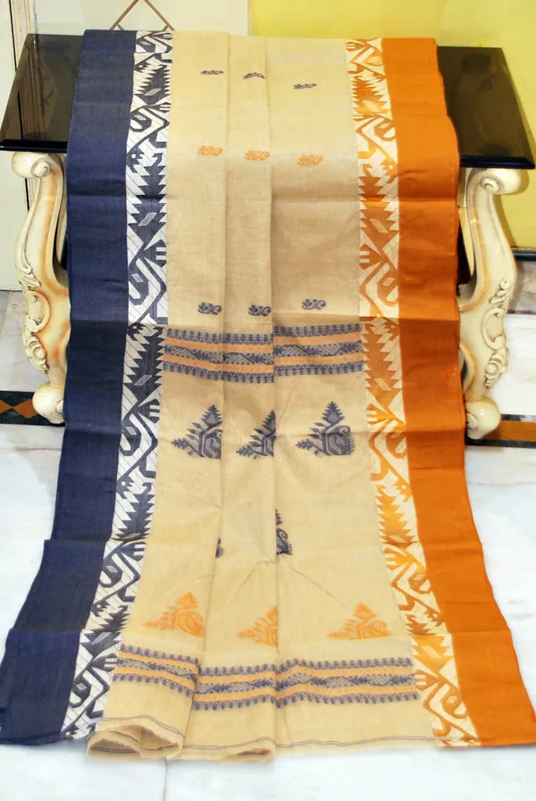Woven_Matta_Karat_Jamdani_Border_Premium_Quality_Bengal_Handloom_Cotton_Saree_In_Tortilla_Slate_Grey_And_Mustard_Brown