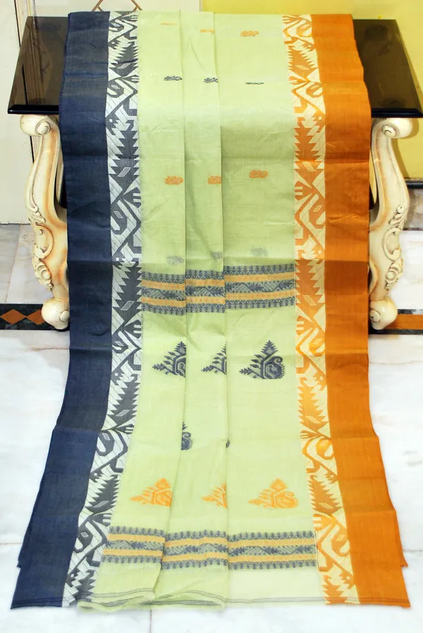 Woven_Matta_Karat_Jamdani_Border_Premium_Quality_Bengal_Handloom_Cotton_Saree_In_Paste_Green_Slate_Grey_And_Mustard_Brown