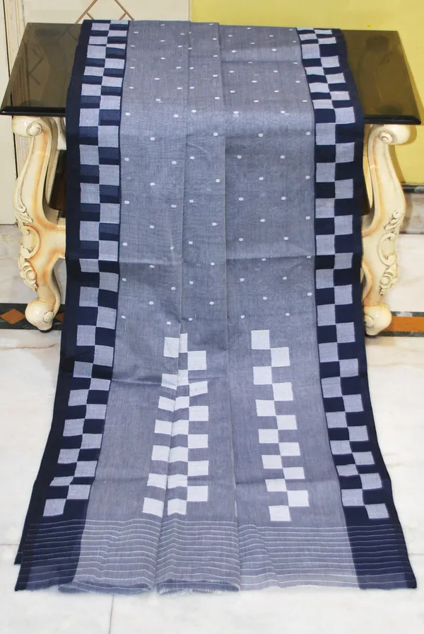 Hand_Woven_Pure_Cotton_Bengal_Jamdani_Saree_In_Steel_Gray_Midnight_Blue_And_Off_White_Thread_Work