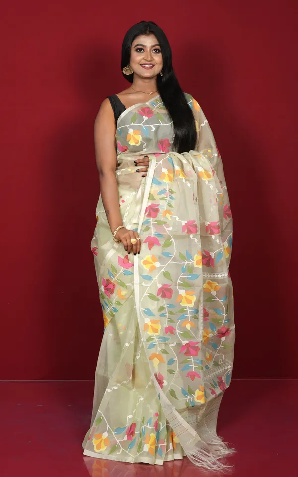 Premium_Quality_Step_Nakshi_Karat_Jaal_Tulip_Motif_Work_Muslin_Silk_Dhakai_Jamdani_In_Mint_Green_Red_Hot_Pink_Off_White_And_Multicolor_Thread_Work