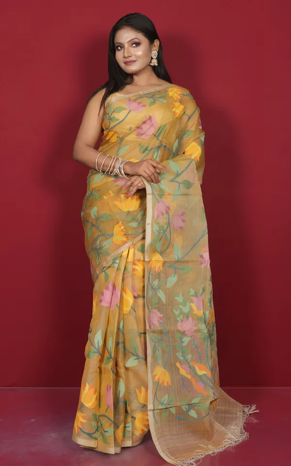 Premium_Quality_Jangla_Jaal_Lotus_Motif_Work_Muslin_Silk_Dhakai_Jamdani_In_Mustard_Golden_And_Multicolor_Thread_Work