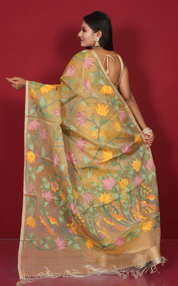 Premium_Quality_Jangla_Jaal_Lotus_Motif_Work_Muslin_Silk_Dhakai_Jamdani_In_Mustard_Golden_And_Multicolor_Thread_Work