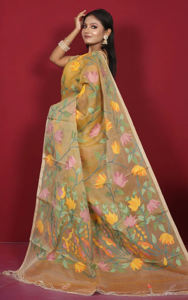 Premium_Quality_Jangla_Jaal_Lotus_Motif_Work_Muslin_Silk_Dhakai_Jamdani_In_Mustard_Golden_And_Multicolor_Thread_Work