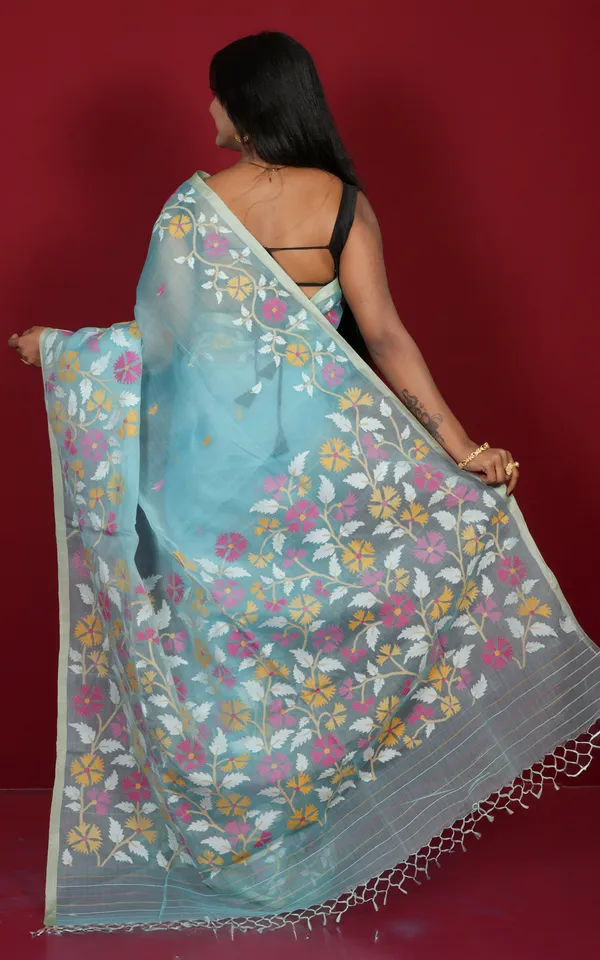 Premium_Quality_Skirt_Nakshi_Floral_Motif_Work_Muslin_Silk_Dhakai_Jamdani_In_Arctic_Blue_And_Multicolor_Thread_Work