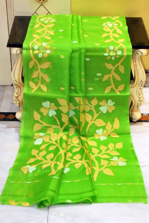 Hand_Woven_Muslin_Silk_Jamdani_Saree_In_Bright_Green_Matt_Yellow_And_Off_White_Thread_Work