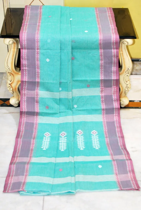 Woven_Matta_Nakshi_Border_Premium_Quality_Bengal_Handloom_Cotton_Saree_In_Turquoise_Plum_And_Off_White