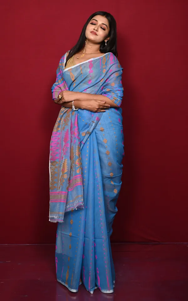 Soft_Woven_Jamdani_Saree_In_Blue_Pink_And_Mustard