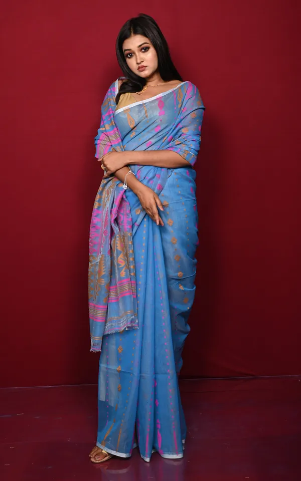 Soft_Woven_Jamdani_Saree_In_Blue_Pink_And_Mustard