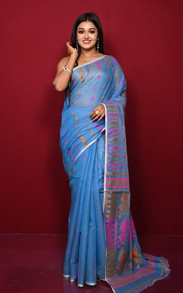 Soft_Woven_Jamdani_Saree_In_Blue_Pink_And_Mustard
