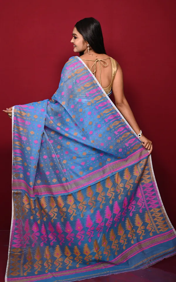Soft_Woven_Jamdani_Saree_In_Blue_Pink_And_Mustard