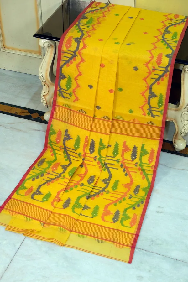 Hand_Karat_Needle_Woven_Work_Pure_Cotton_Bengal_Jamdani_Saree_Yellow_Red_And_Multicolor