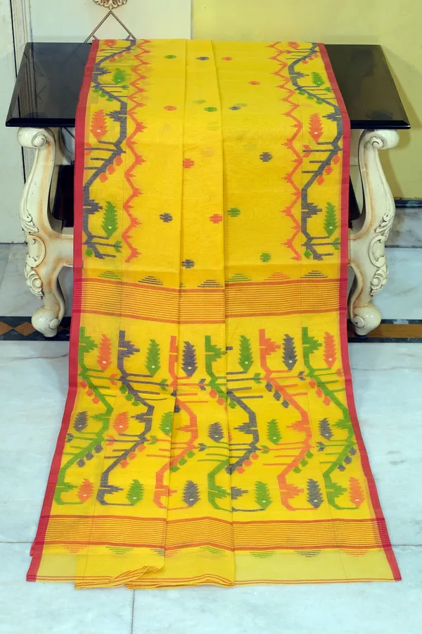Hand_Karat_Needle_Woven_Work_Pure_Cotton_Bengal_Jamdani_Saree_Yellow_Red_And_Multicolor