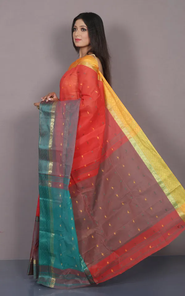 Designer_Bengal_Tangail_Hazar_Butti_Cotton_Saree_In_Orange_Yellow_And_Teal_Green