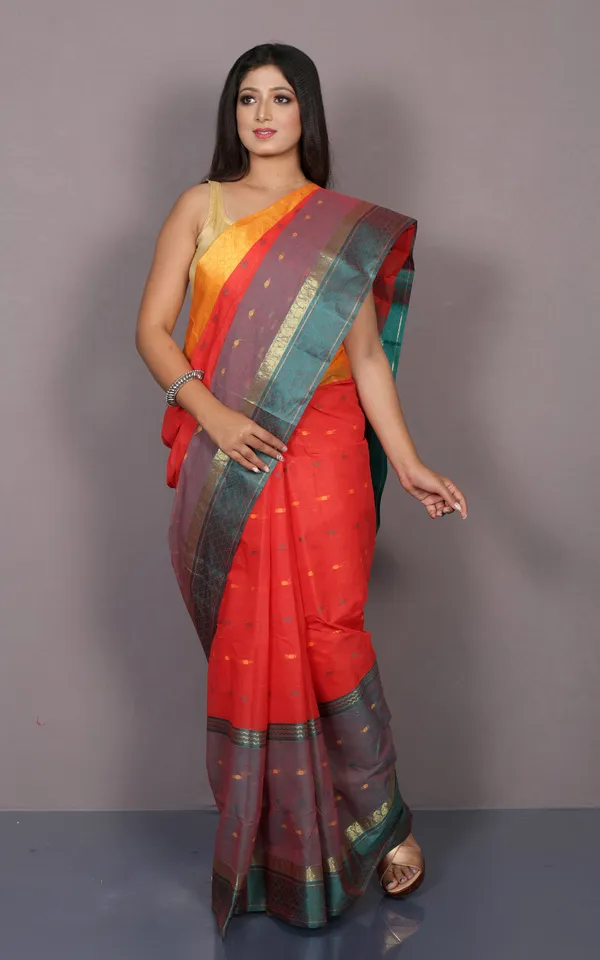 Designer_Bengal_Tangail_Hazar_Butti_Cotton_Saree_In_Orange_Yellow_And_Teal_Green