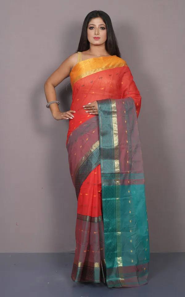 Designer_Bengal_Tangail_Hazar_Butti_Cotton_Saree_In_Orange_Yellow_And_Teal_Green