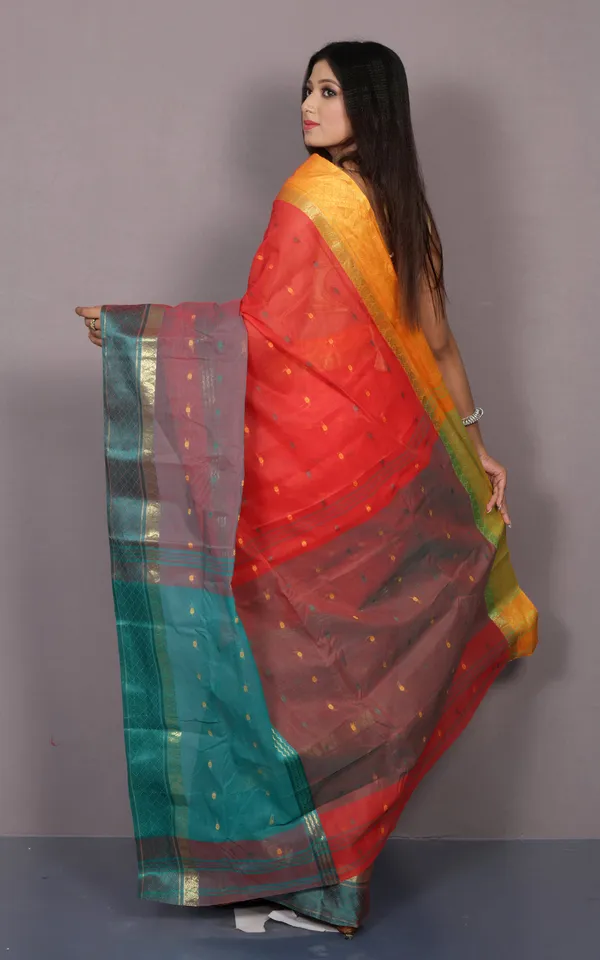 Designer_Bengal_Tangail_Hazar_Butti_Cotton_Saree_In_Orange_Yellow_And_Teal_Green