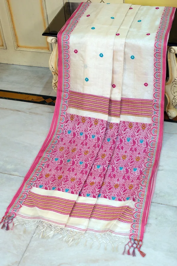 Premium_Quality_Tussar_Silk_Nakshi_Work_Saree_In_Off_White_Magenta_Teal_And_Green