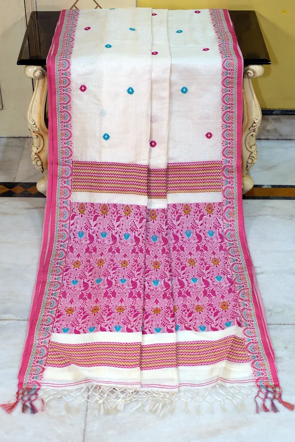 Premium_Quality_Tussar_Silk_Nakshi_Work_Saree_In_Off_White_Magenta_Teal_And_Green