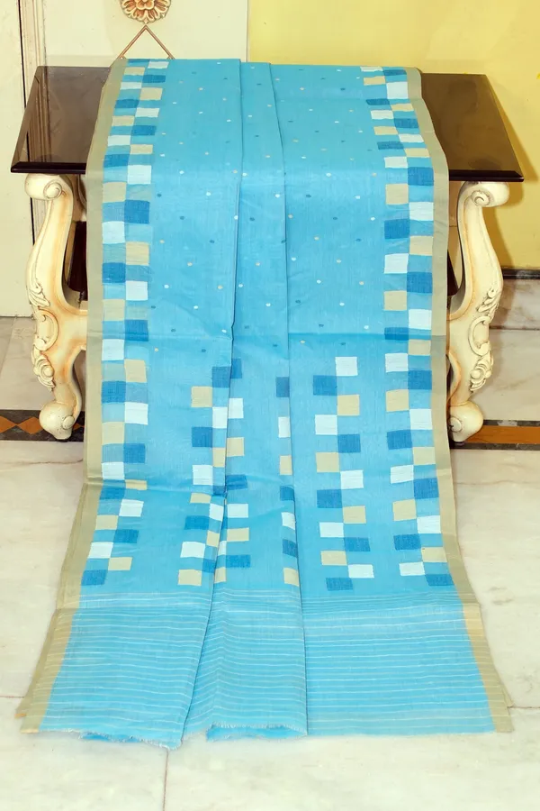 Hand_Woven_Pure_Cotton_Bengal_Jamdani_Saree_Sky_Blue_Beige_Off_White_And_Navy_Blue_Thread_Work
