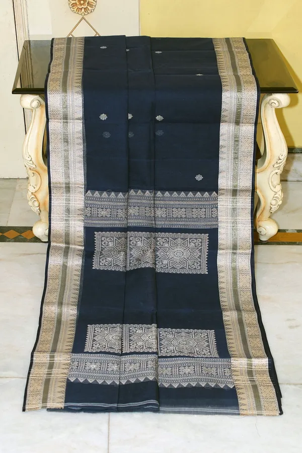 Medium_Size_Thread_Nakshi_Border_Premium_Quality_Bengal_Handloom_Cotton_Saree_In_Midnight_Blue_Beige_And_Water_Golden_Meenakari_Zari_Nakshi_Weave