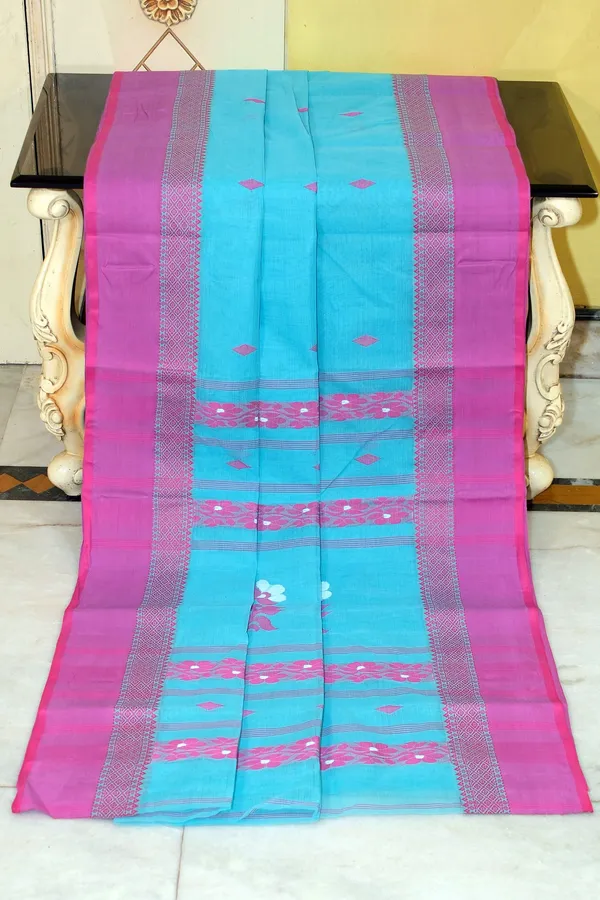 Woven_Matta_Nakshi_Border_Premium_Quality_Bengal_Handloom_Cotton_Saree_In_Electric_Blue_Hot_Pink_And_Off_White