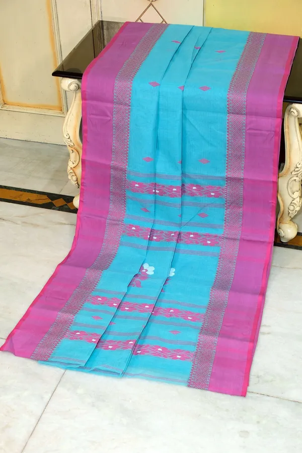 Woven_Matta_Nakshi_Border_Premium_Quality_Bengal_Handloom_Cotton_Saree_In_Electric_Blue_Hot_Pink_And_Off_White