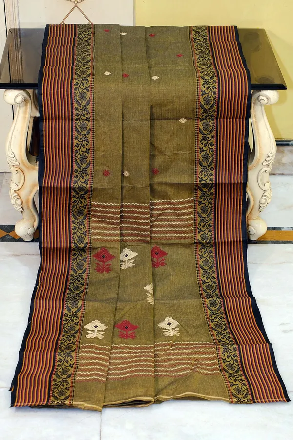 Woven_Matta_Churi_Stripe_Nakshi_Border_Premium_Quality_Bengal_Handloom_Cotton_Saree_In_Icky_Green_And_Multicolor