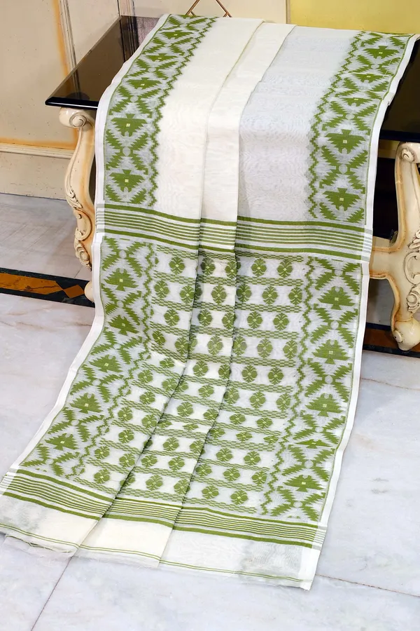 Designer_Body_Plain_With_Woven_Jamdani_Border_And_Pallu_Cotton_Muslin_Saree_In_Off_White_And_Pickle_Green