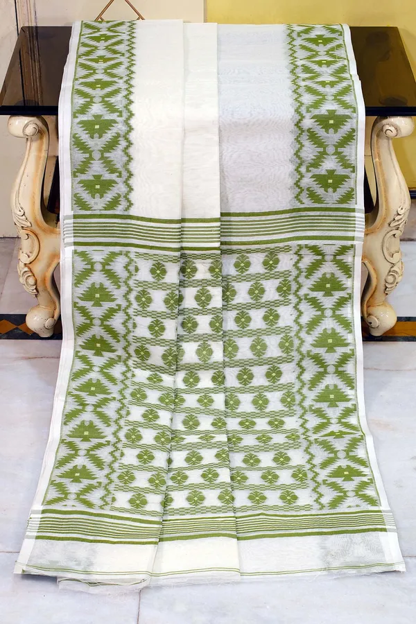 Designer_Body_Plain_With_Woven_Jamdani_Border_And_Pallu_Cotton_Muslin_Saree_In_Off_White_And_Pickle_Green