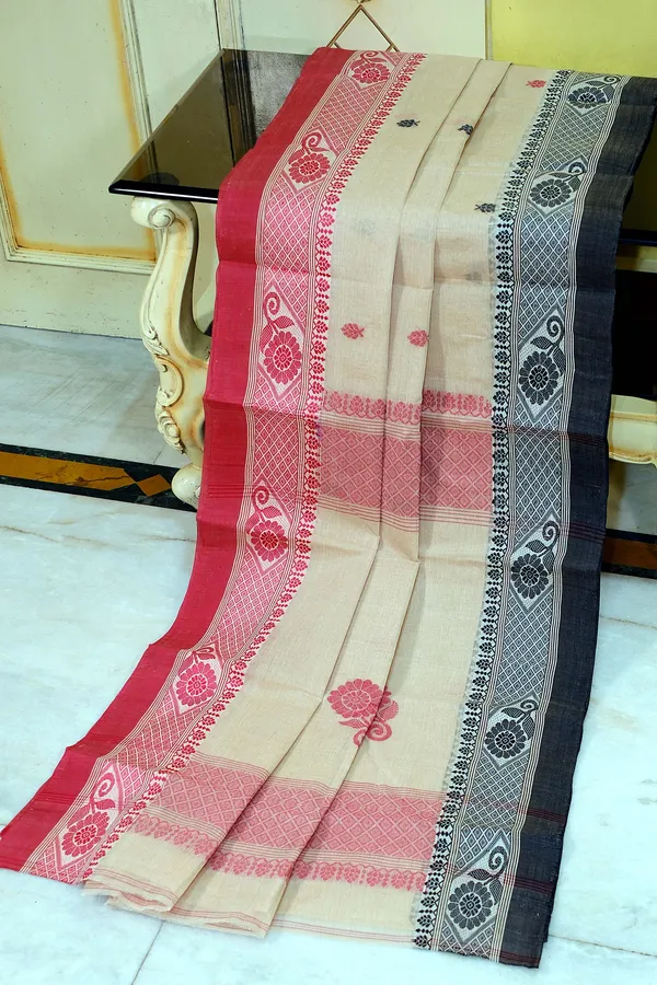 Hand_Woven_Bengal_Handloom_Cotton_Kalakshetra_Saree_In_Beige_Red_And_Black