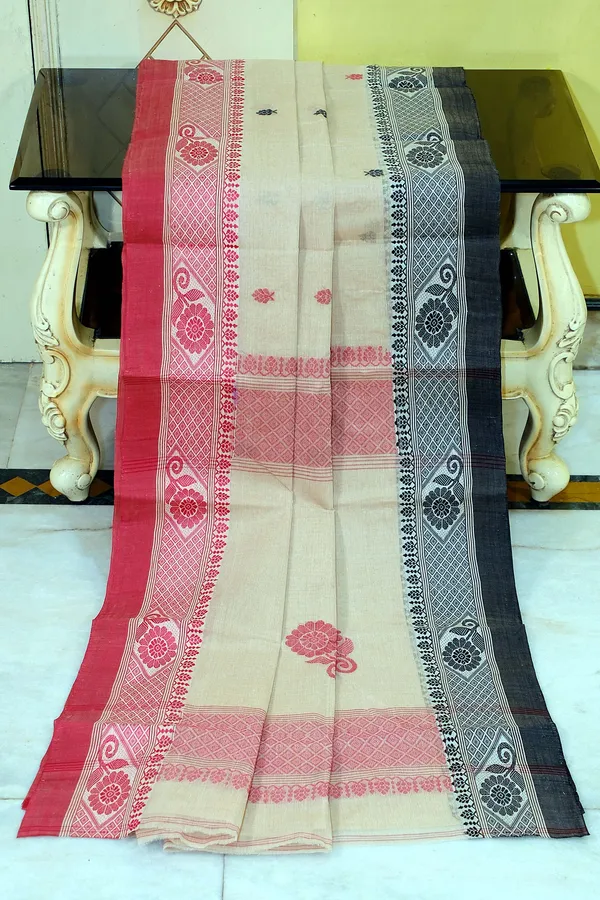 Hand_Woven_Bengal_Handloom_Cotton_Kalakshetra_Saree_In_Beige_Red_And_Black