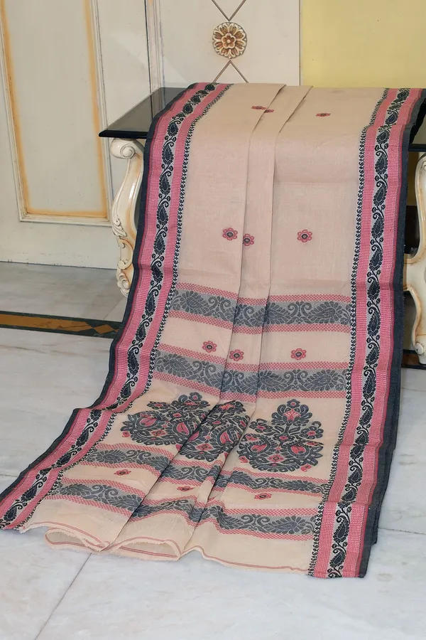 Medium_Size_Thread_Nakshi_Border_Premium_Quality_Bengal_Handloom_Cotton_Saree_In_Beige_Red_And_Off_Black_Meenakari_Thread_Nakshi_Weave