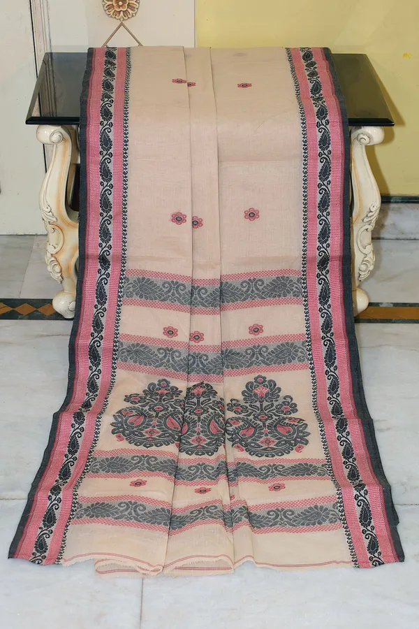 Medium_Size_Thread_Nakshi_Border_Premium_Quality_Bengal_Handloom_Cotton_Saree_In_Beige_Red_And_Off_Black_Meenakari_Thread_Nakshi_Weave