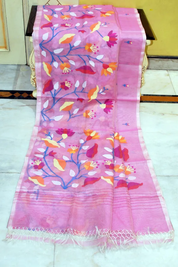 Premium_Quality_Hand_Woven_Floral_Tulip_And_Lotus_Nakshi_Work_Muslin_Silk_Dhakai_Jamdani_Saree_In_Lavender_Rose_Pink_Off_White_And_Multicolor_Meenakari_Thread_Work