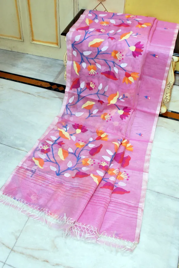 Premium_Quality_Hand_Woven_Floral_Tulip_And_Lotus_Nakshi_Work_Muslin_Silk_Dhakai_Jamdani_Saree_In_Lavender_Rose_Pink_Off_White_And_Multicolor_Meenakari_Thread_Work