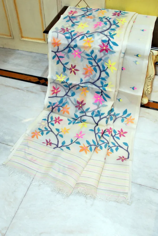 Premium_Quality_Hand_Woven_Floral_Jasmine_And_Leaf_Nakshi_Work_Muslin_Silk_Dhakai_Jamdani_Saree_In_Off_White_Teal_Blue_And_Multicolor