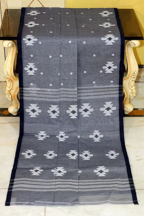 Designer_Poth_Cotton_Jamdani_Saree_In_Steel_Grey_Off_White_And_Black