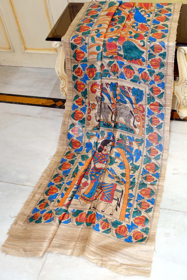 Premium_Quality_Half_And_Half_Painted_Madhubani_On_Natural_Ghicha_Tussar_Silk_Saree_In_Natural_Beige_And_Multicolor