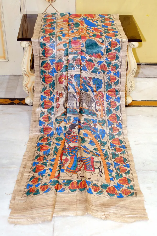 Premium_Quality_Half_And_Half_Painted_Madhubani_On_Natural_Ghicha_Tussar_Silk_Saree_In_Natural_Beige_And_Multicolor