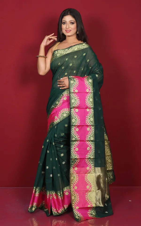 Bengal_Handloom_Soft_Khadi_Cotton_Silk_Saree_In_Dark_Green_Hot_Pink_And_Matt_Golden