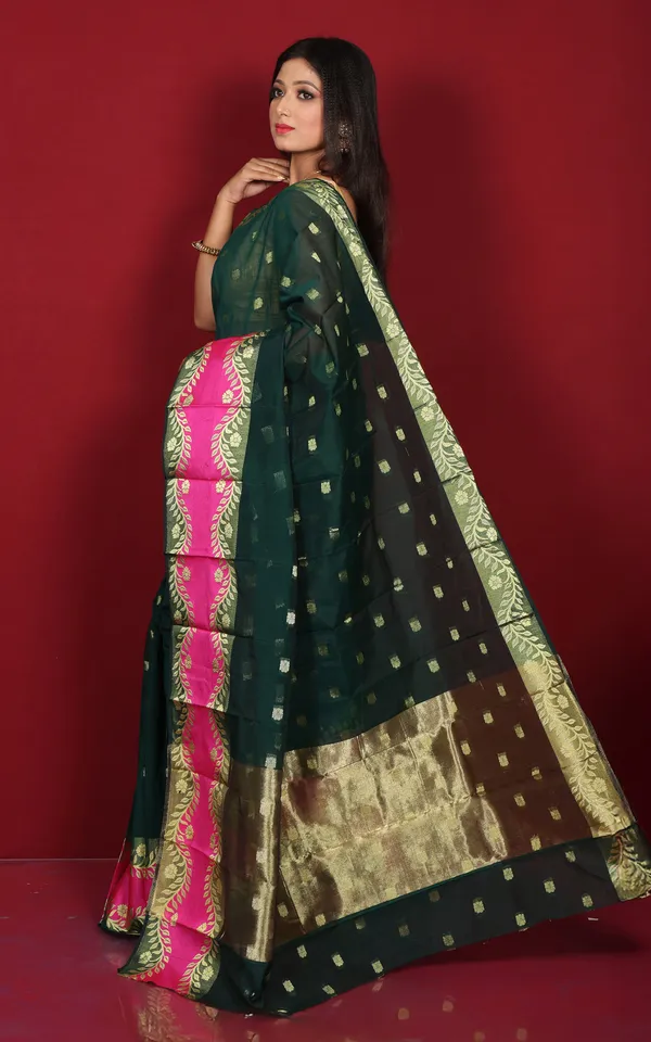 Bengal_Handloom_Soft_Khadi_Cotton_Silk_Saree_In_Dark_Green_Hot_Pink_And_Matt_Golden