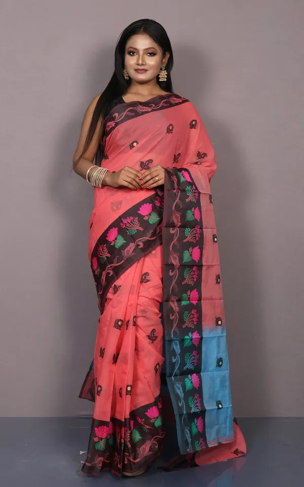 Bengal_Handloom_Soft_Khadi_Cotton_Silk_Saree_In_Salmon_Orange_Sky_Blue_And_Multicolor