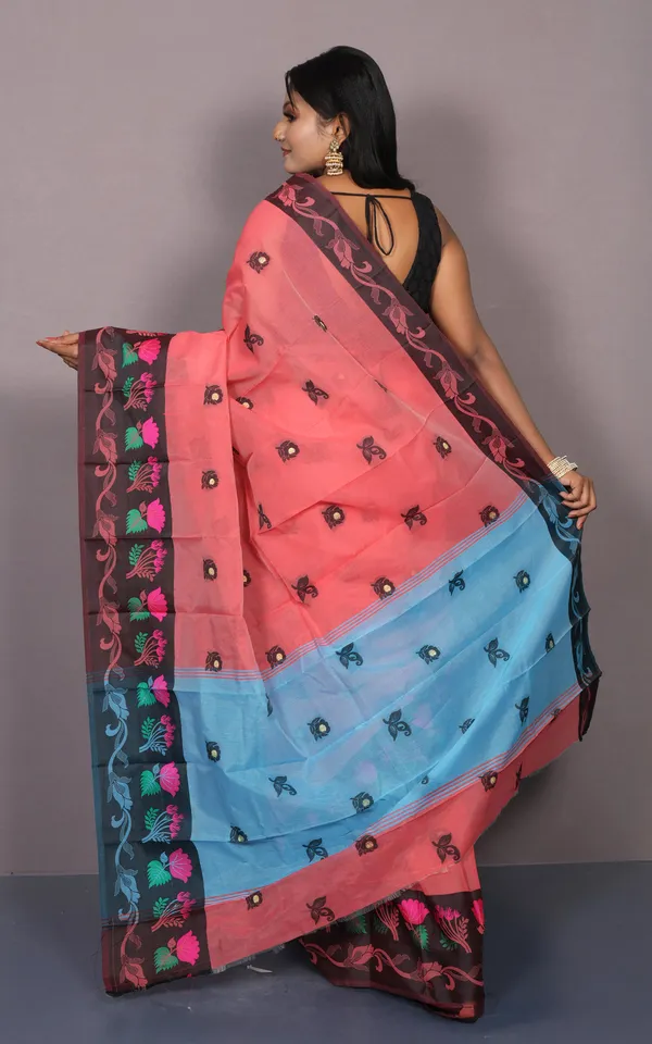 Bengal_Handloom_Soft_Khadi_Cotton_Silk_Saree_In_Salmon_Orange_Sky_Blue_And_Multicolor